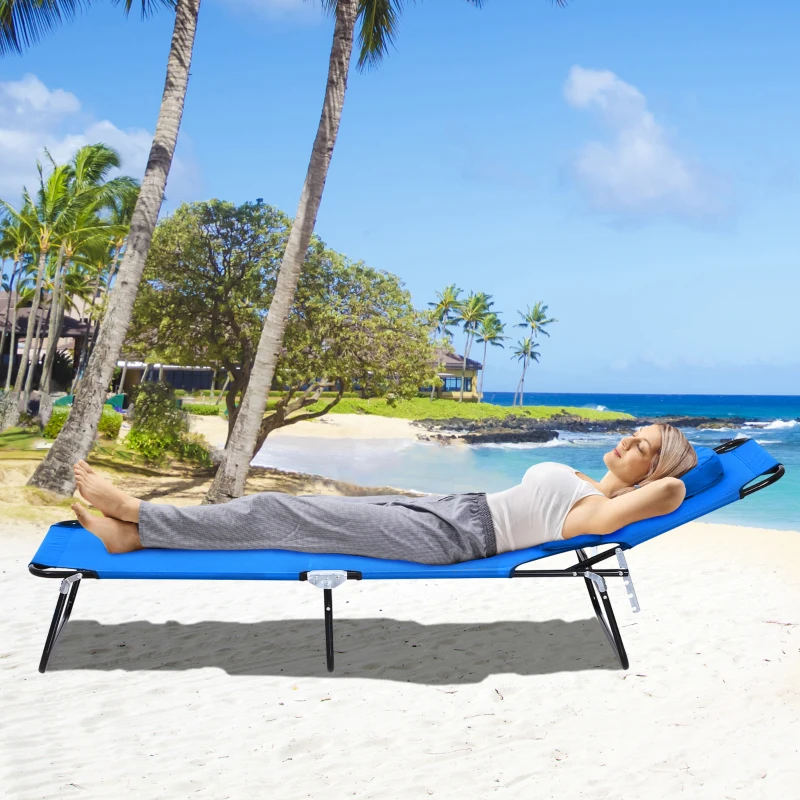 Outsunny Sun Lounger Foldable Reclining Chair with Pillow and Reading Hole Garden Beach Outdoor Recliner Adjustable Blue