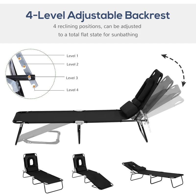 Outsunny Sun Lounger Foldable Reclining Chair with Pillow and Reading Hole Garden Beach Outdoor Recliner Adjustable Black