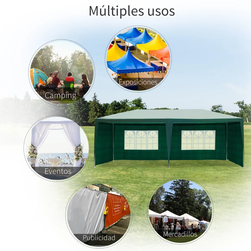 Outsunny Carpa de Jardín 6x3x2,5 m con 4 Paredes Laterales y 2 Ventanas Cenador Gazebo de Exterior Marco de Acero para Fiestas Eventos Bodas Verde
