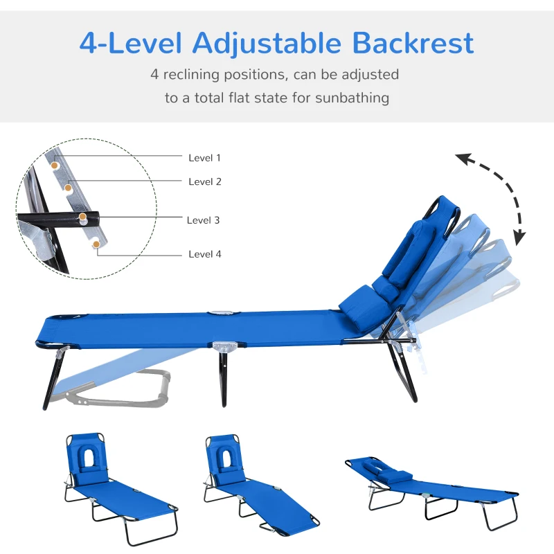 Outsunny Sun Lounger Foldable Reclining Chair with Pillow and Reading Hole Garden Beach Outdoor Recliner Adjustable Blue