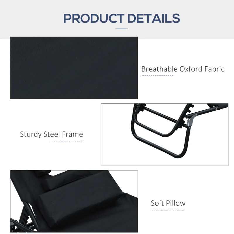 Outsunny Sun Lounger Foldable Reclining Chair with Pillow and Reading Hole Garden Beach Outdoor Recliner Adjustable Black