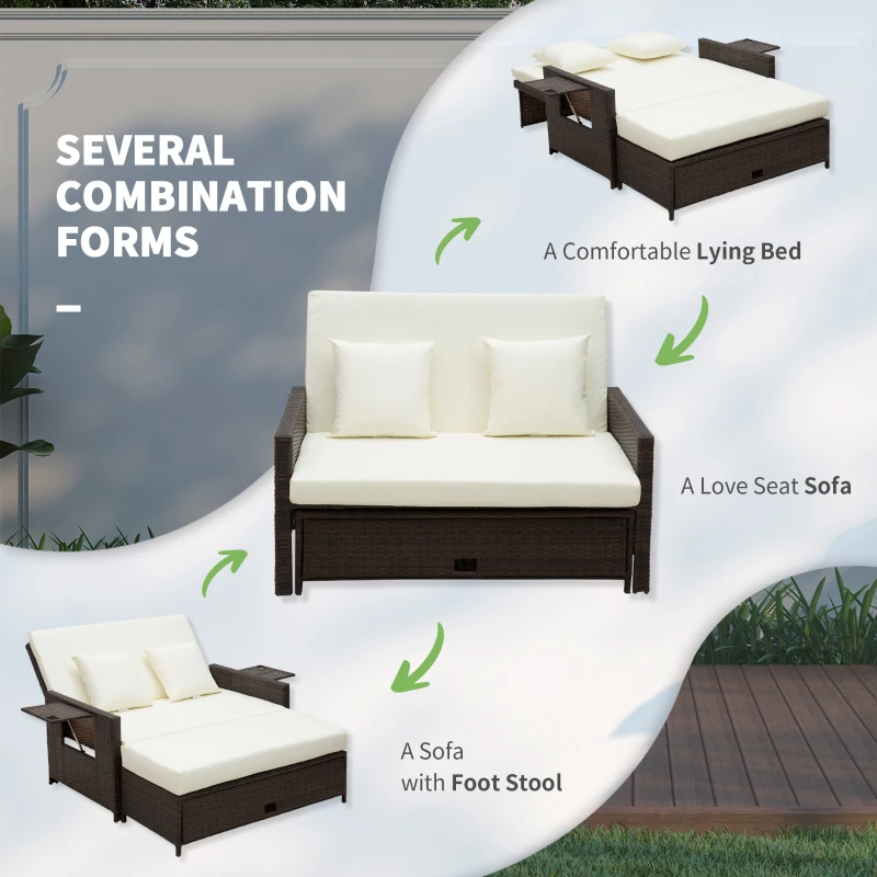 Outsunny 2-Seater Day Bed 8mm Rattan Cube Garden Furniture with Drink Trays 8cm thick Seat for Patio Conservatory Brown