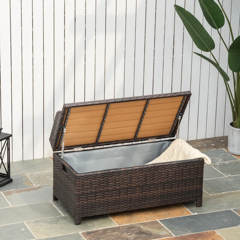 Outsunny PE Rattan Storage Bench Seat Furniture w/ Cushion Handle Armrests and Backrest 120Lx51Wx52H Mixed Brown