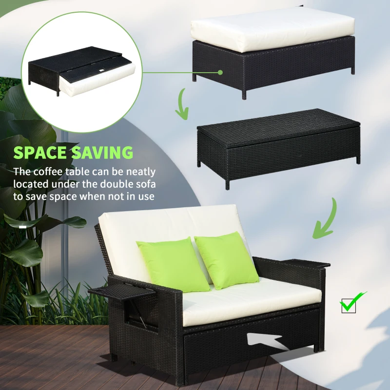 Outsunny Rattan 2-Seater Sofa Sun Lounger Bed-Black