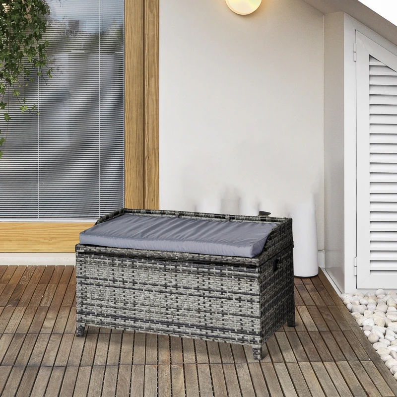 Outsunny Patio PE Rattan Storage Bench Seat Furniture w/ Cushion Handle Inner weather-resistant bag for Garden Yard Park