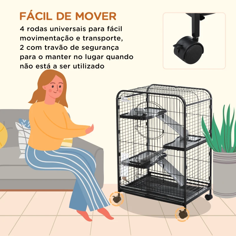 PawHut Gaiola para Roedores com Rodas 2 Portas 3 Plataformas Bandeja Amovível Comedouro e Bebedouro 64x43,5x93cm Preto