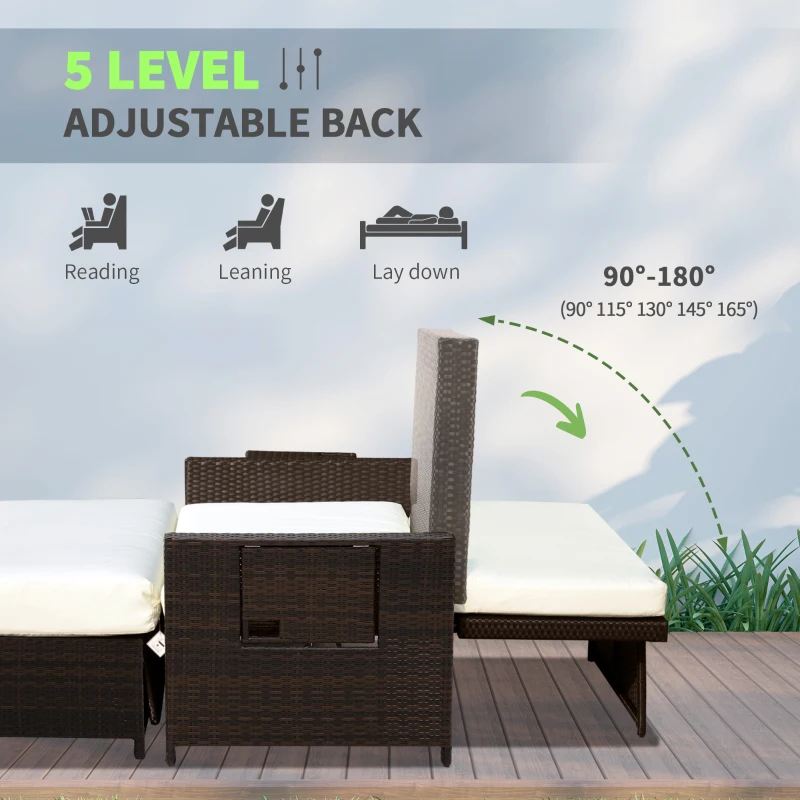 Outsunny 2-Seater Day Bed 8mm Rattan Cube Garden Furniture with Drink Trays 8cm thick Seat for Patio Conservatory Brown