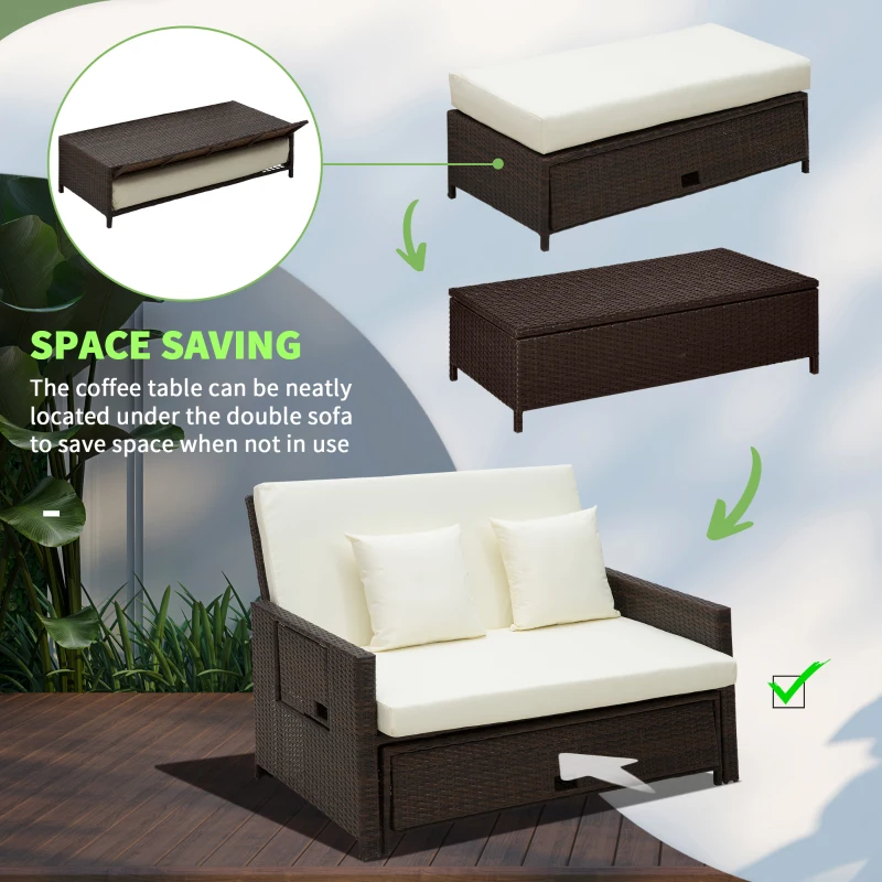 Outsunny 2-Seater Day Bed 8mm Rattan Cube Garden Furniture with Drink Trays 8cm thick Seat for Patio Conservatory Brown