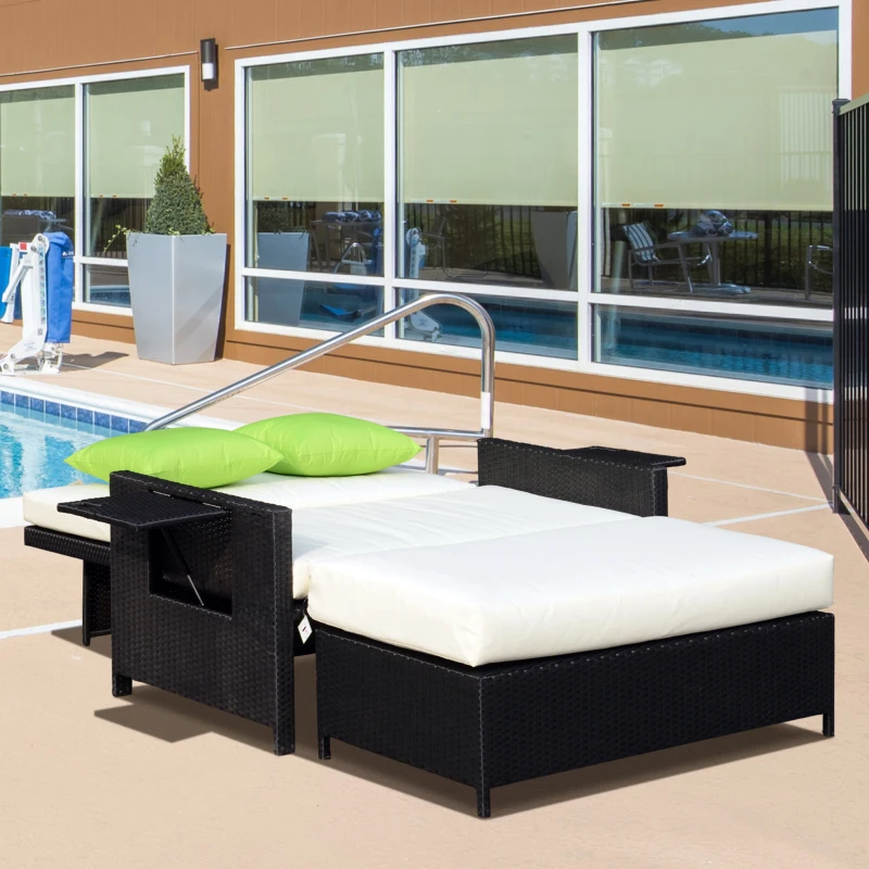Outsunny Rattan 2-Seater Sofa Sun Lounger Bed-Black