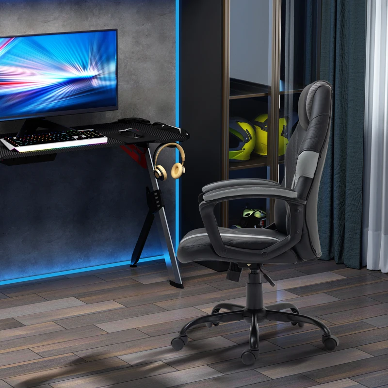 Vinsetto Black Leather Desk Chair,with Wheels, Height Adjustable, Rocking Function,  Black Grey