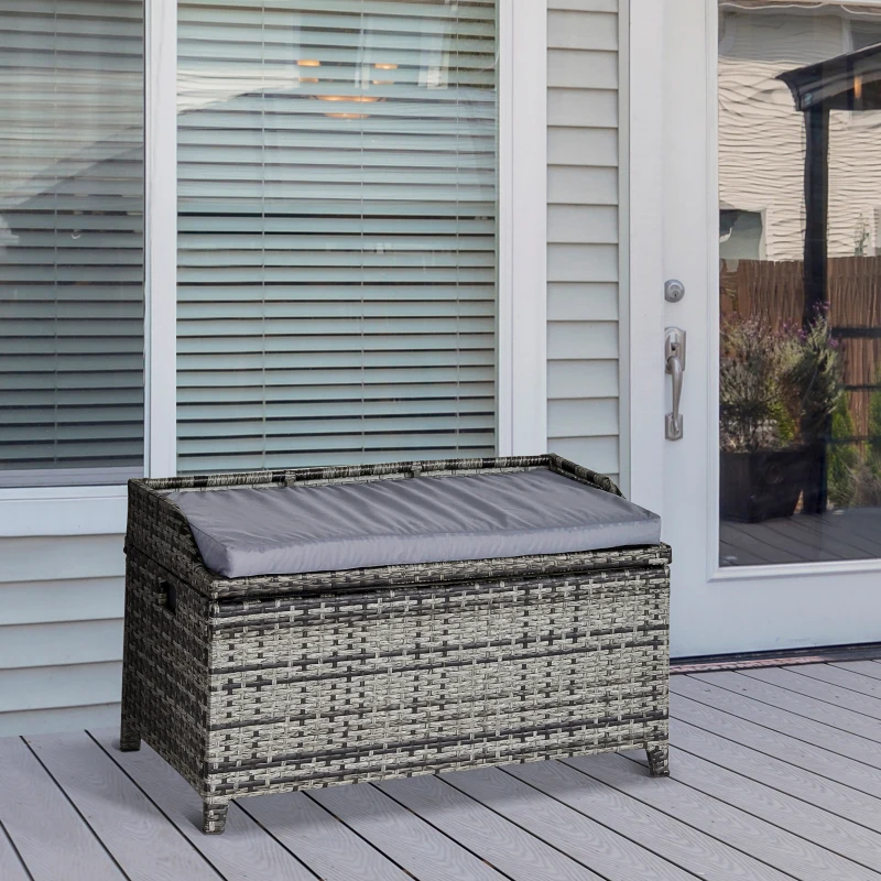 Outsunny Patio PE Rattan Storage Bench Seat Furniture w/ Cushion Handle Inner weather-resistant bag for Garden Yard Park