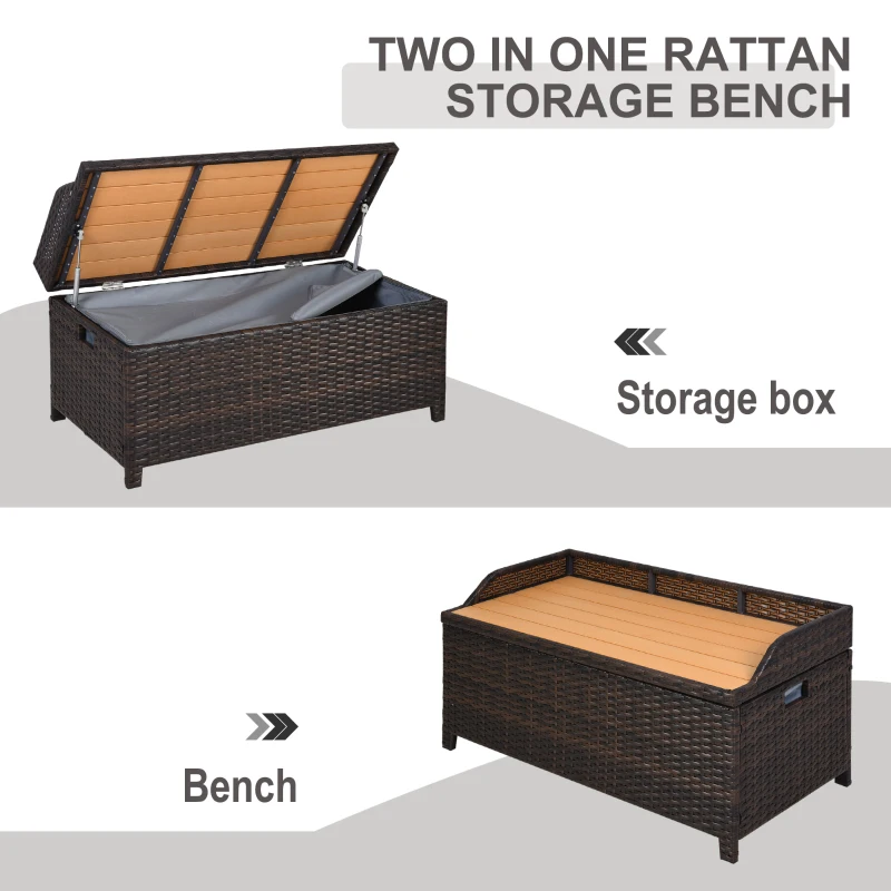 Outsunny PE Rattan Storage Bench Seat Furniture w/ Cushion Handle Armrests and Backrest 120Lx51Wx52H Mixed Brown