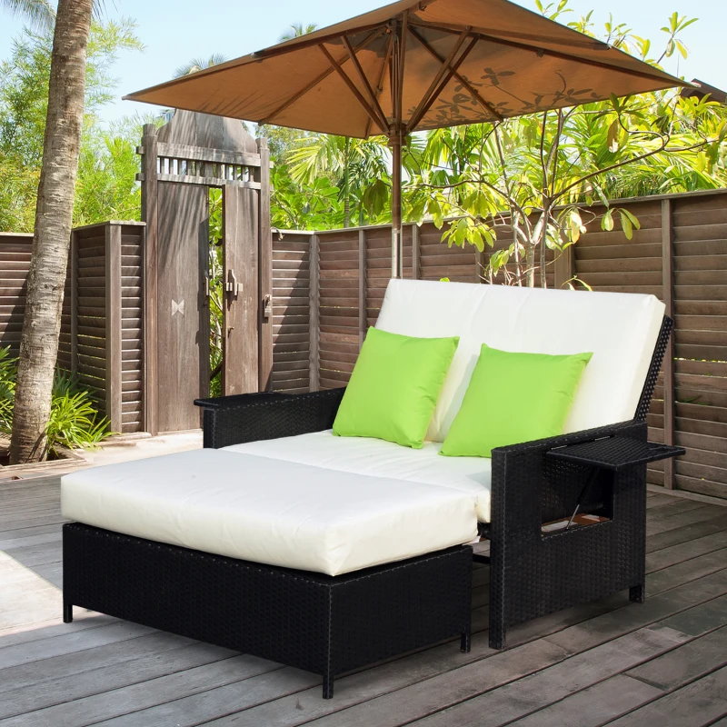 Outsunny Rattan 2-Seater Sofa Sun Lounger Bed-Black
