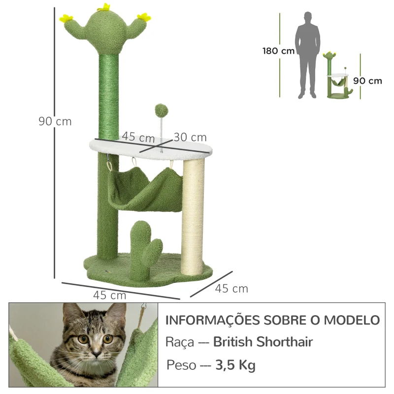 PawHut Árvore Arranhador para Gatos com Forma de Cacto com Rede Plataforma Postes de Sisal e Bola Divertida 45x45x90cm Verde