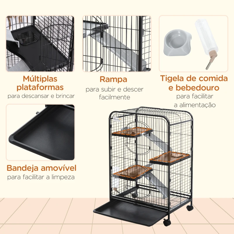 PawHut Gaiola para Roedores com Rodas 2 Portas 3 Plataformas Bandeja Amovível Comedouro e Bebedouro 64x43,5x93cm Preto