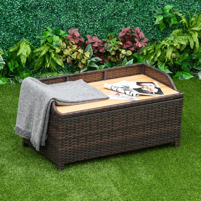Outsunny PE Rattan Storage Bench Seat Furniture w/ Cushion Handle Armrests and Backrest 120Lx51Wx52H Mixed Brown