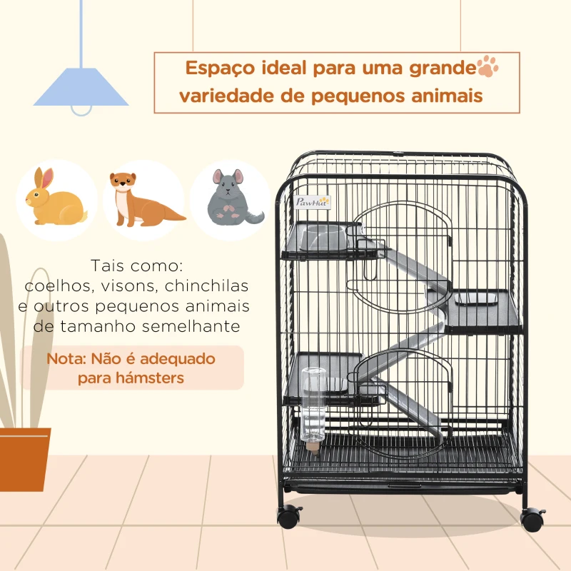 PawHut Gaiola para Roedores com Rodas 2 Portas 3 Plataformas Bandeja Amovível Comedouro e Bebedouro 64x43,5x93cm Preto