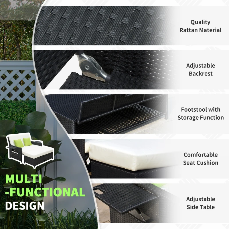 Outsunny Rattan 2-Seater Sofa Sun Lounger Bed-Black