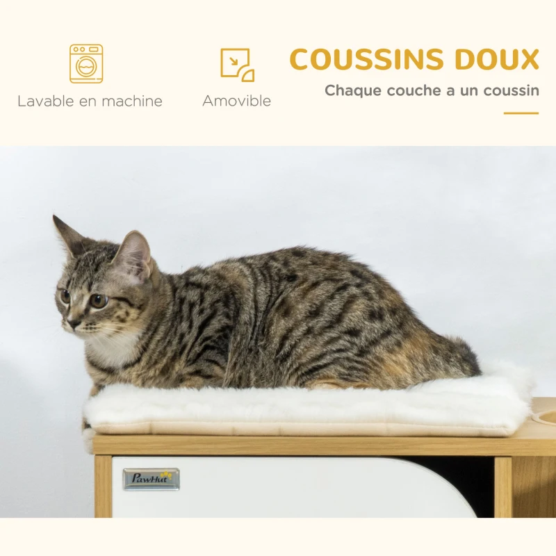 PawHut Maison pour chat design - niche chat panier chat - 3 coussins + grattoir sisal inclus - panneaux aspect chêne clair