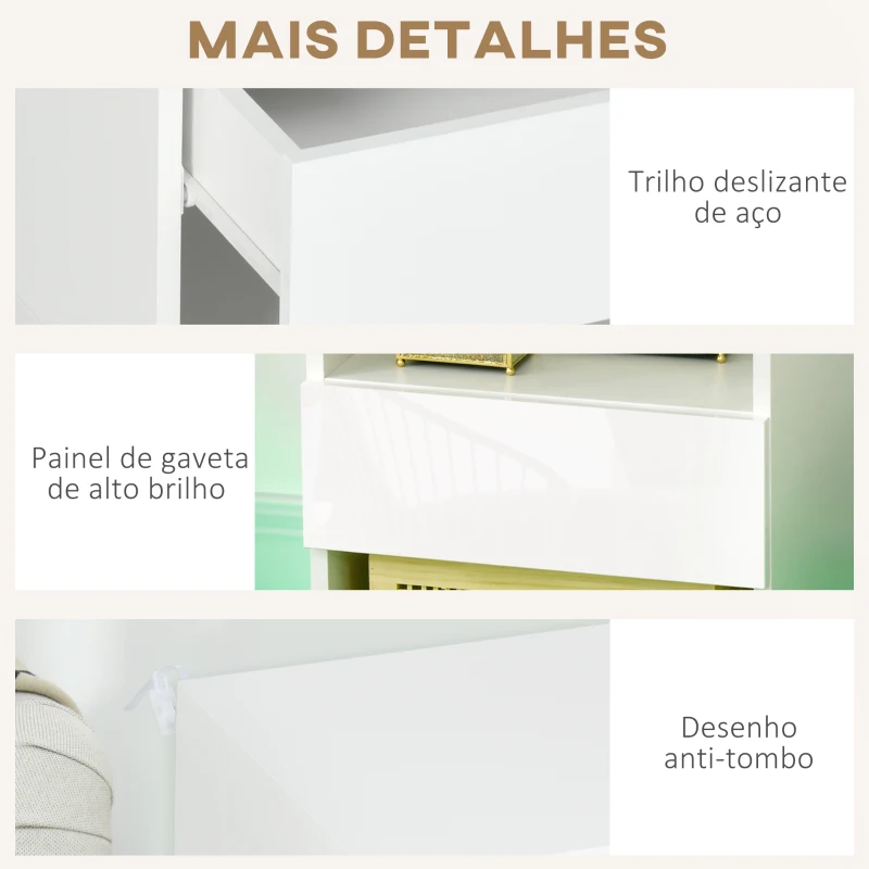 HOMCOM Mesa de Cabeceira Moderna com Luz LED Controlo Remoto Gaveta de Alto Brilho e 2 Prateleiras 40x40x55 cm Branco