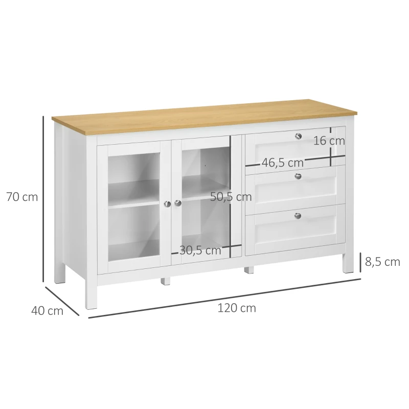 HOMCOM Aparador para Sala de Estar com 2 Portas de Vidro 3 Gavetas e Prateleira Ajustável para Cozinha Sala de Jantar 120x40x70 cm Branco e Madeira