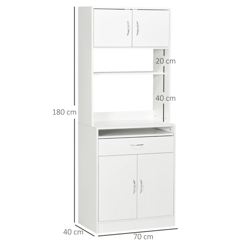 HOMCOM Armário de Cozinha com 4 Portas Bandeja Amovível Prateleira Ajustável Gaveta e Bancada para Micro-Ondas 70x40x180 cm Branco