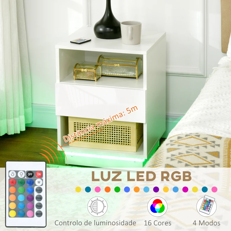 HOMCOM Mesa de Cabeceira Moderna com Luz LED Controlo Remoto Gaveta de Alto Brilho e 2 Prateleiras 40x40x55 cm Branco