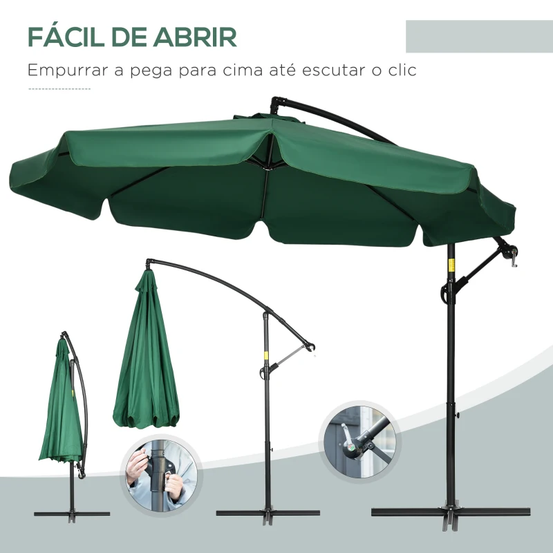 Outsunny Chapéu de Sol de Jardim Chapéu de Sol Excêntrico com Rotação de 360° Manivela Base Cruzada Ø293x240cm Verde