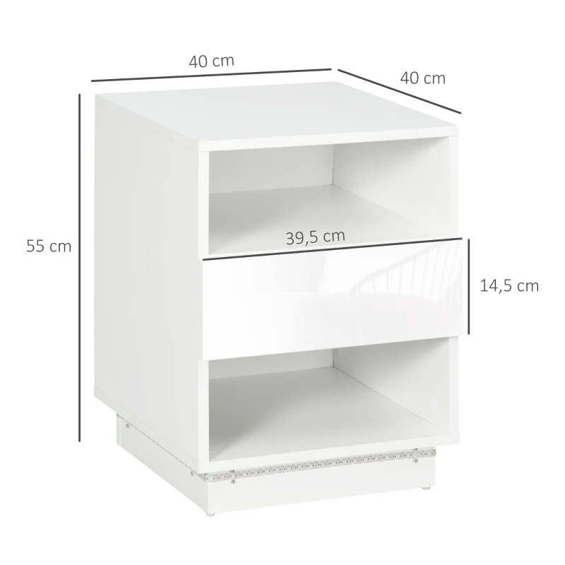 HOMCOM Mesa de Cabeceira Moderna com Luz LED Controlo Remoto Gaveta de Alto Brilho e 2 Prateleiras 40x40x55 cm Branco