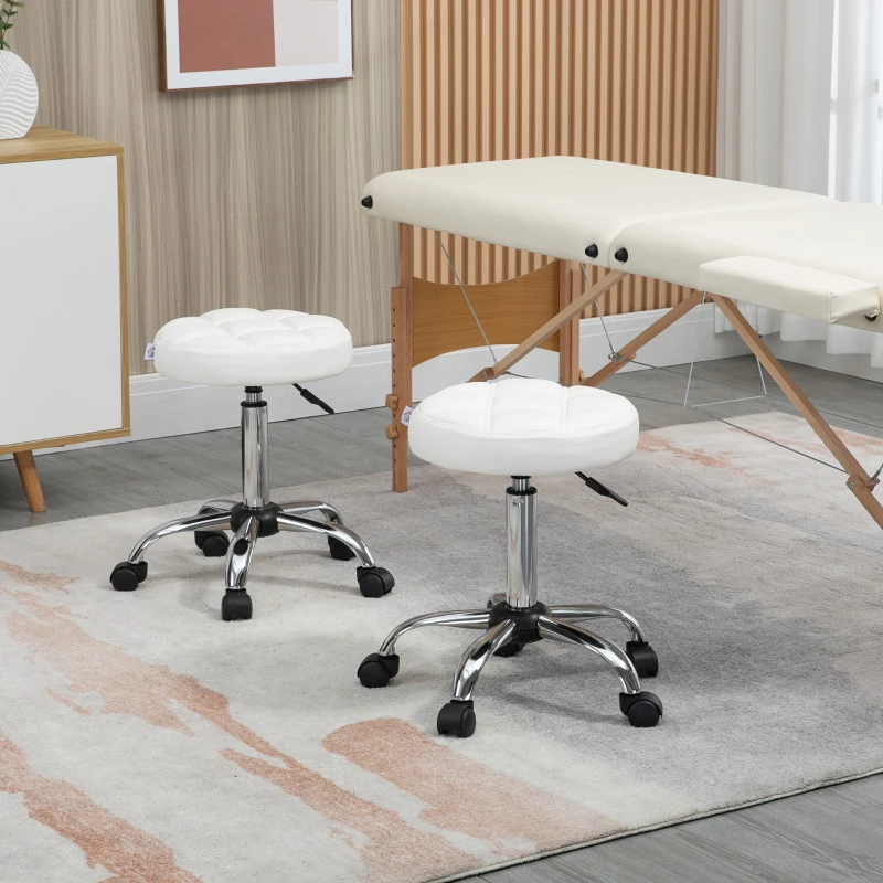 HOMCOM Set of Two Salon Massage Chair, Height Adjustable Swivel Rollding Stool on Wheels with PU Leather for Hairdressing, Spa, Beauty, Tattoo, Manicure, White