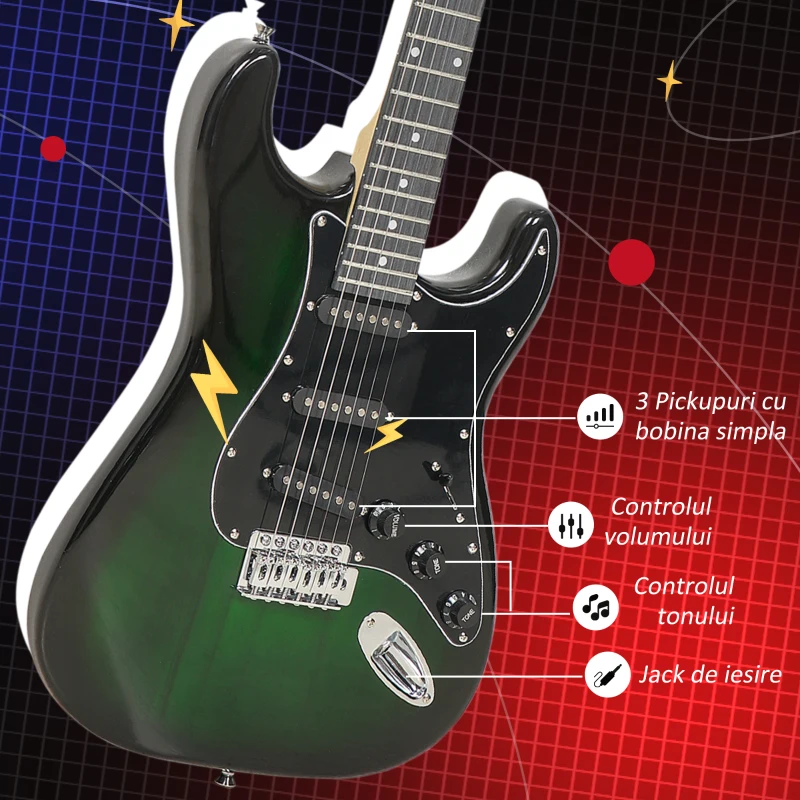 SportNow Chitara Electrica cu Amplificator 15W – Set Complet Accesorii