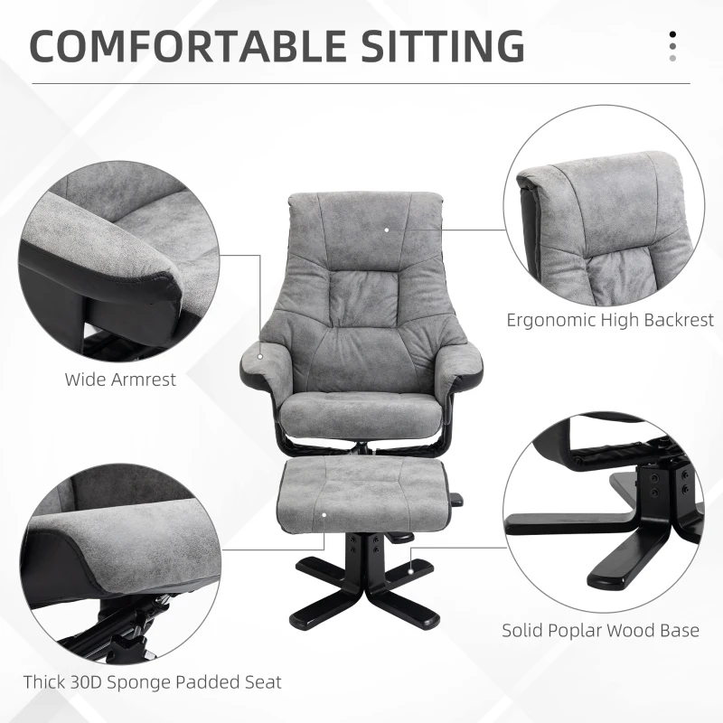 HOMCOM Manual Recliner Sofa With Footrest 360° Swivel Sofa Armchair Cushion Padded Seat Armrest Faux Leather Grey