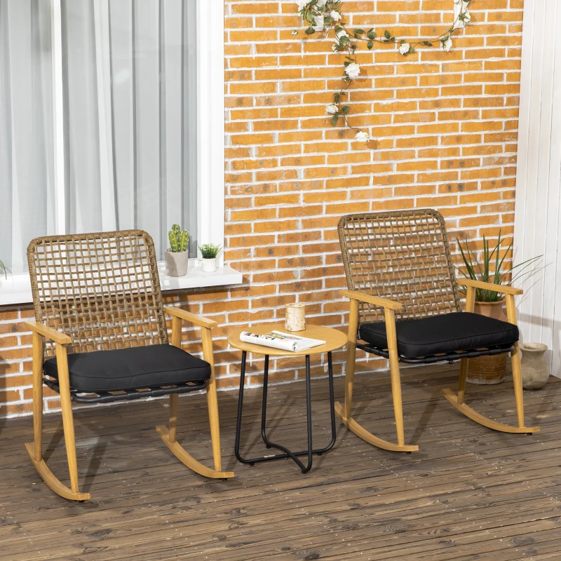 Outsunny Gartenmöbelset für  Personen 2 Schaukelstühle, 1 Beistelltisch, robustes Polyrattan, inkl. Sitzauflagen