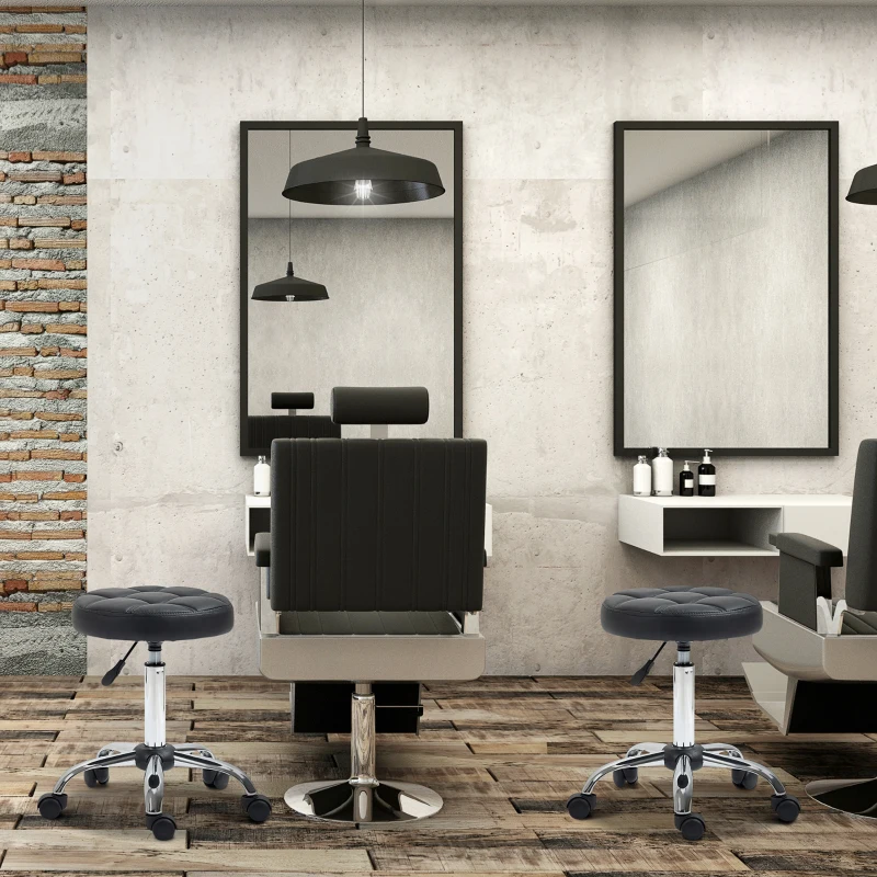 HOMCOM Set of Two Salon Massage Chair, Height Adjustable Swivel Rollding Stool on Wheels with PU Leather for Hairdressing, Spa, Beauty, Tattoo, Manicure, Black