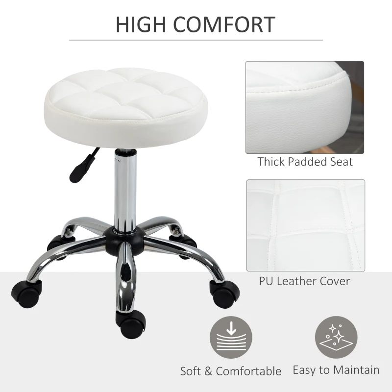 HOMCOM Set of Two Salon Massage Chair, Height Adjustable Swivel Rollding Stool on Wheels with PU Leather for Hairdressing, Spa, Beauty, Tattoo, Manicure, White