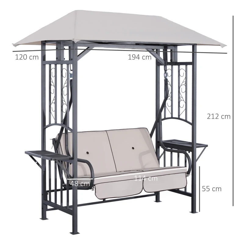 Outsunny Balancelle de Jardin 2 Places Style Colonial Grand Confort Matelas + tablettes Supports métal époxy Gris foncé Polyester Gris Clair