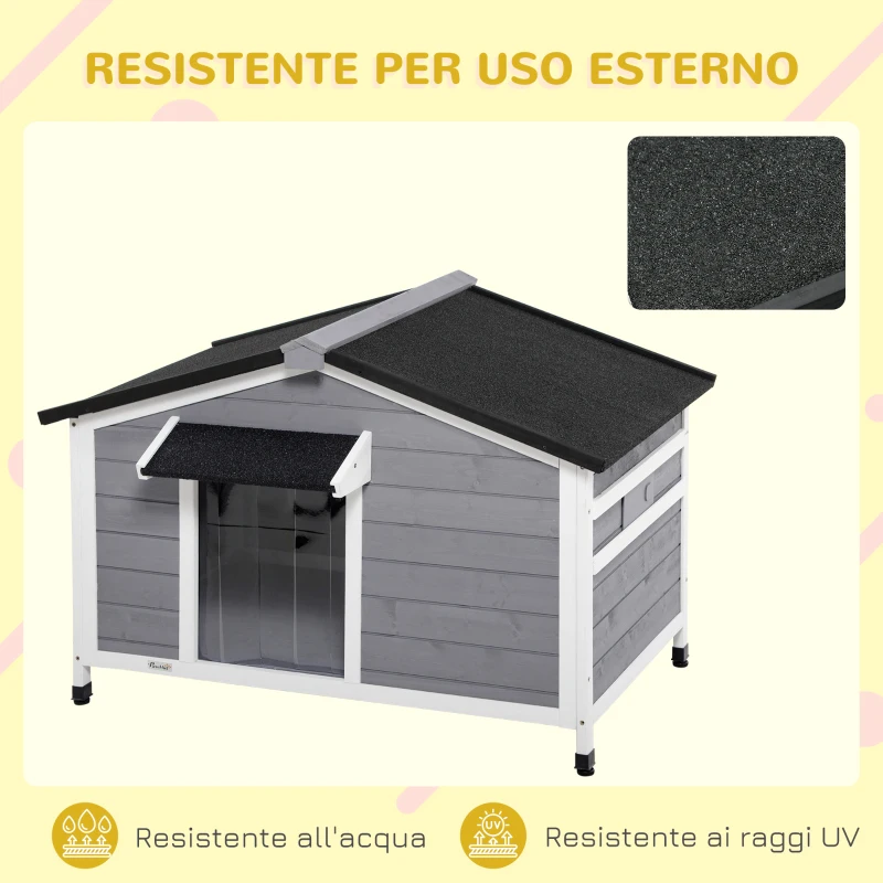 PawHut Casetta per Cani in Legno con Design Rialzato, Tenda Protettiva e 2 Finestre, 109x79x72 cm