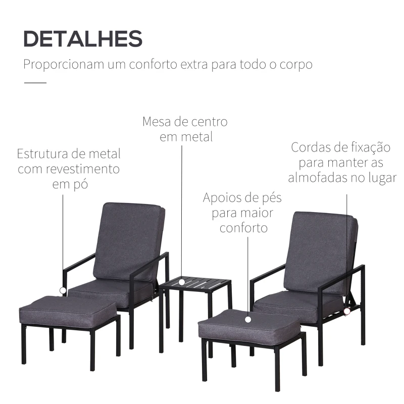 Outsunny Conjunto Móveis de Exterior com 2 Cadeiras 2 Apoios para os Pés e 1 Mesa de Centro 55x65x50-82 cm Cinza e Preto