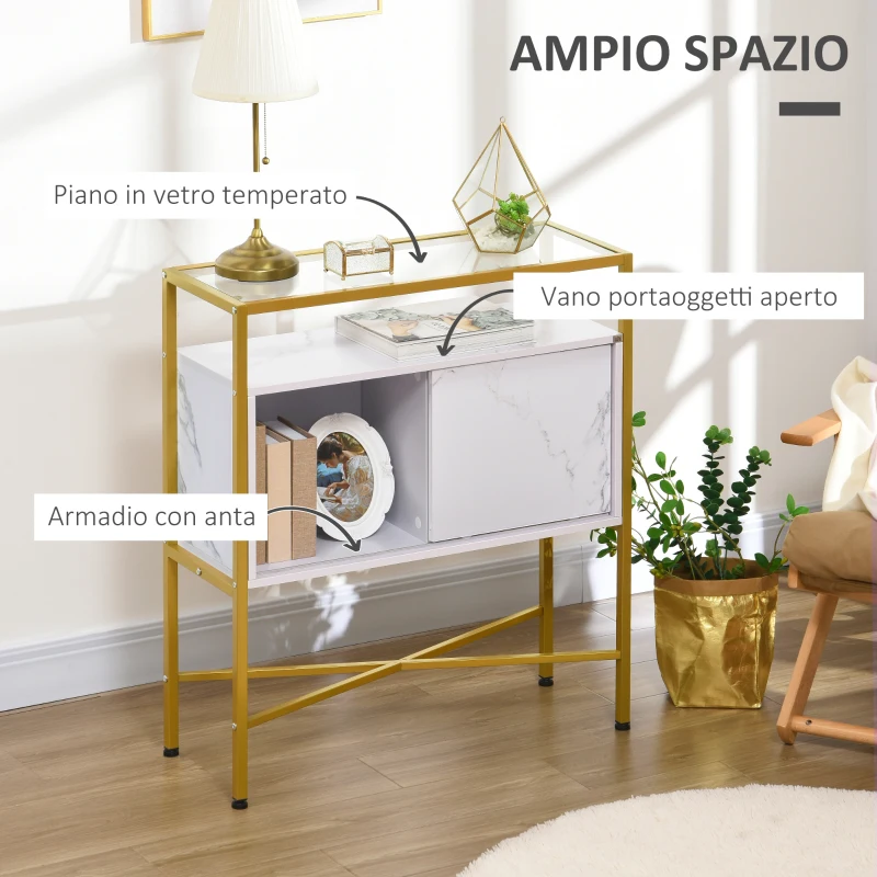 HOMCOM Mobile per Soggiorno, Cucina o Ingresso con Piano in Vetro e Ripiano Aperto in MDF, 80x30x90 cm, Bianco e Oro