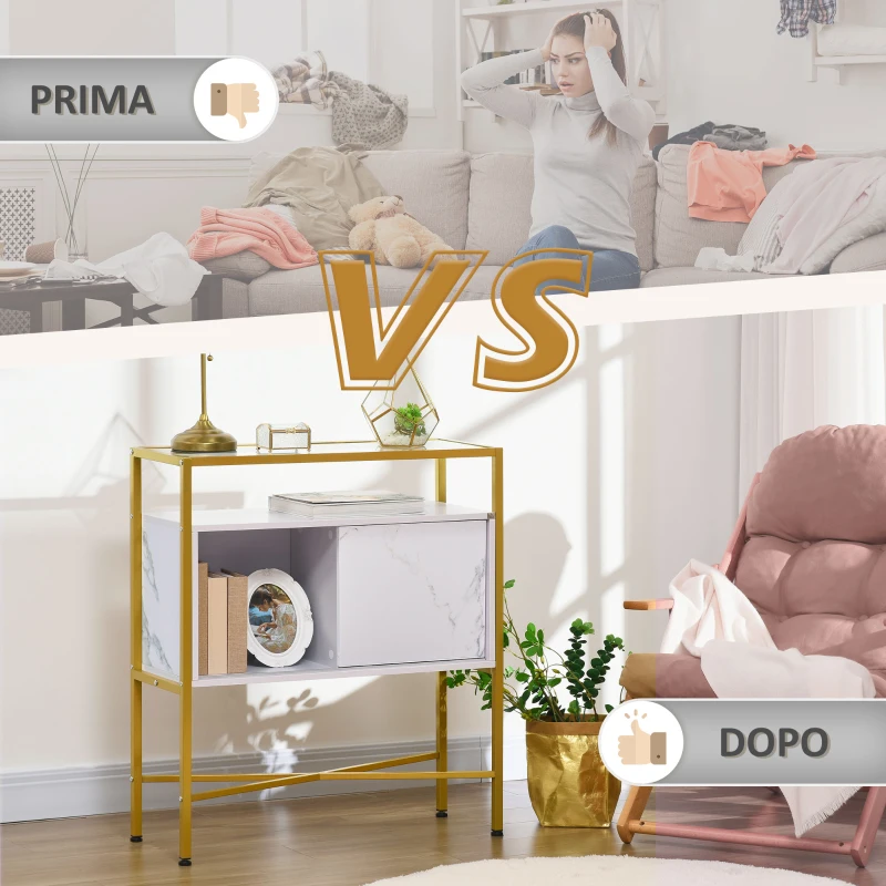 HOMCOM Mobile per Soggiorno, Cucina o Ingresso con Piano in Vetro e Ripiano Aperto in MDF, 80x30x90 cm, Bianco e Oro