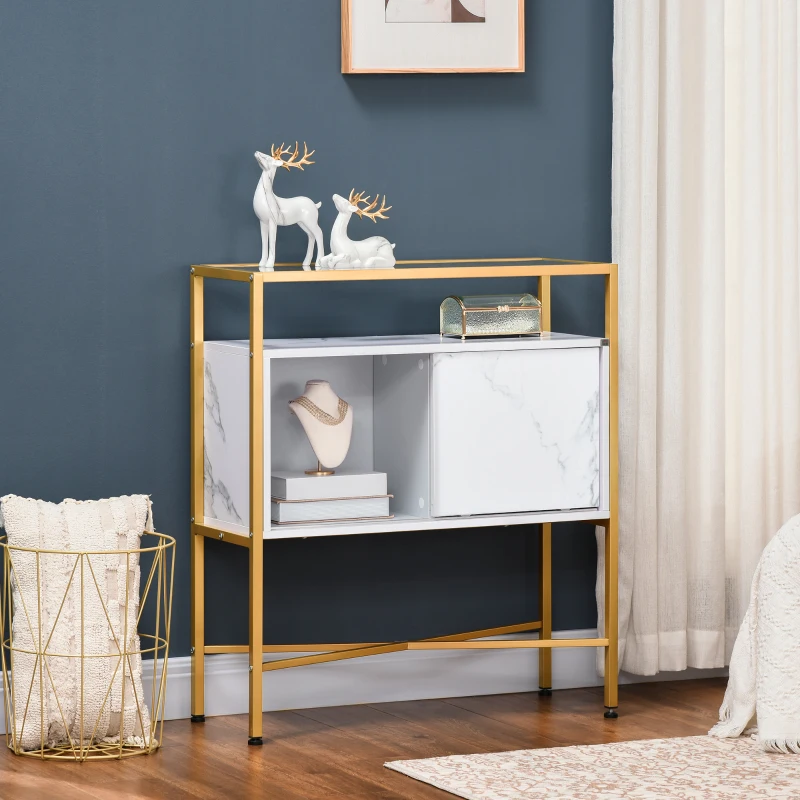 HOMCOM Mobile per Soggiorno, Cucina o Ingresso con Piano in Vetro e Ripiano Aperto in MDF, 80x30x90 cm, Bianco e Oro