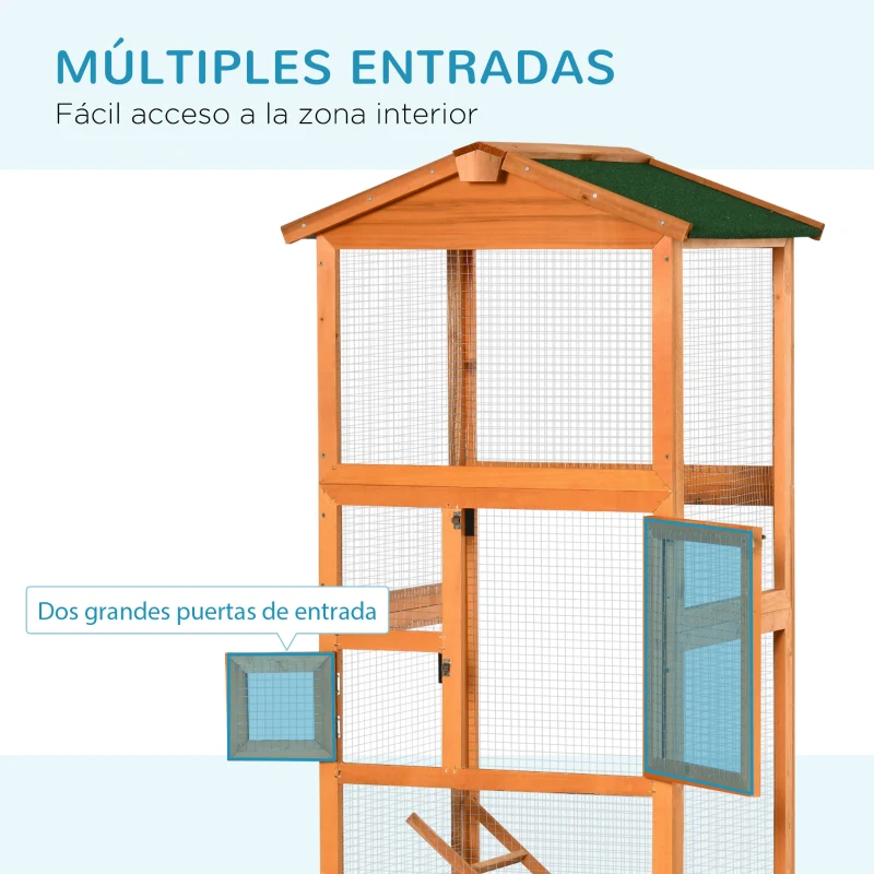 PawHut Jaula para Pájaros Grande de Madera de Abeto con 2 Puertas Bandeja Extraíble y Techo Asfáltico 68x63x165cm Madera