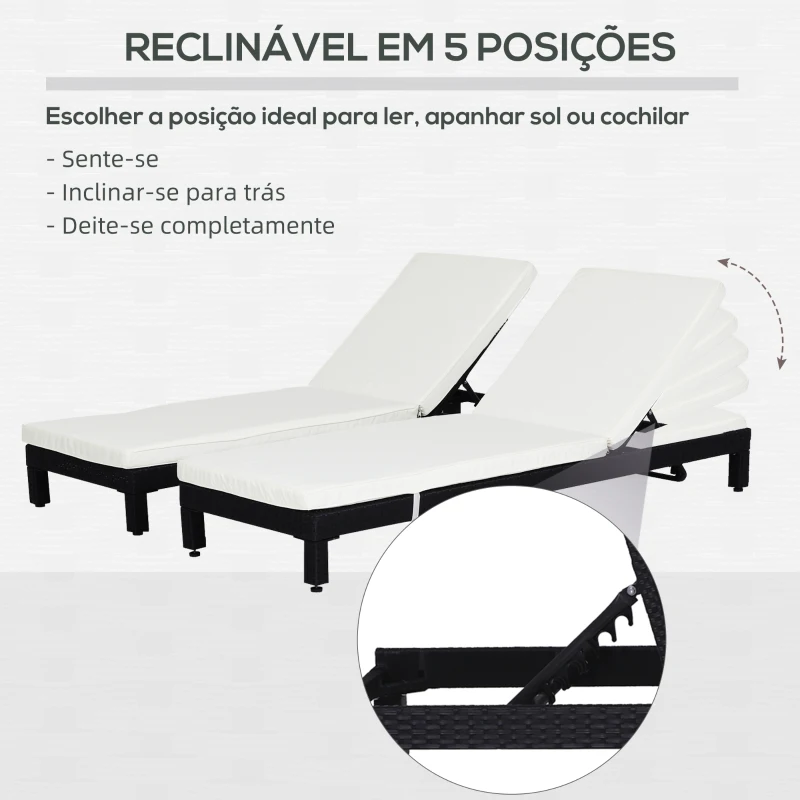 Outsunny Conjunto de 2 Espreguiçadeiras de Jardim de Vime Reclináveis em 5 Posições 196x65x22 cm Preto e Creme