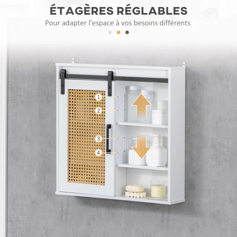 kleankin Meuble de rangement salle de bain porte coulissante à galandage façade aspect cannage PP 4 étagères réglables