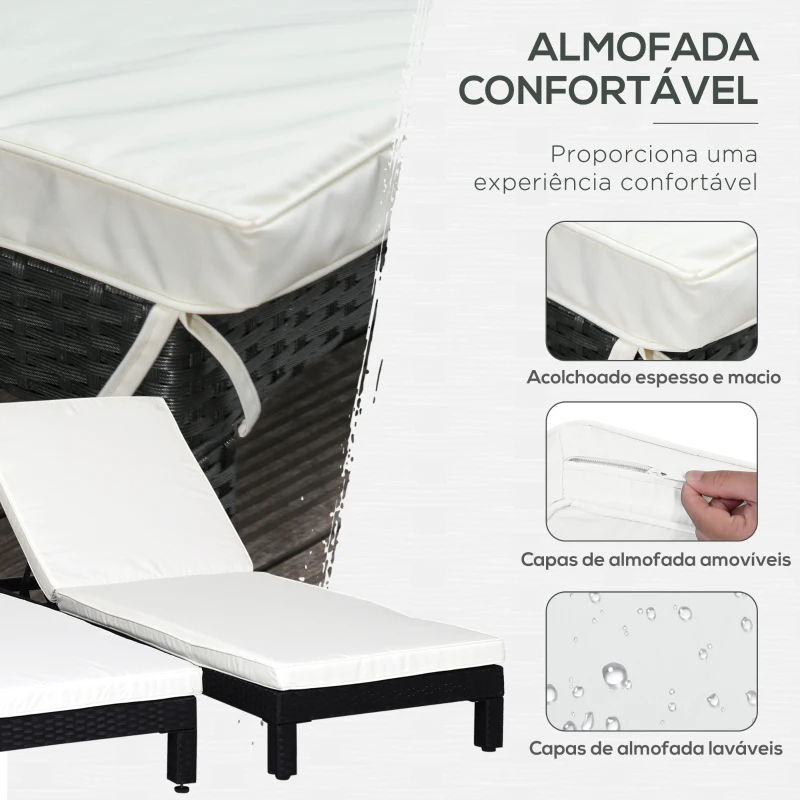 Outsunny Conjunto de 2 Espreguiçadeiras de Jardim de Vime Reclináveis em 5 Posições 196x65x22 cm Preto e Creme