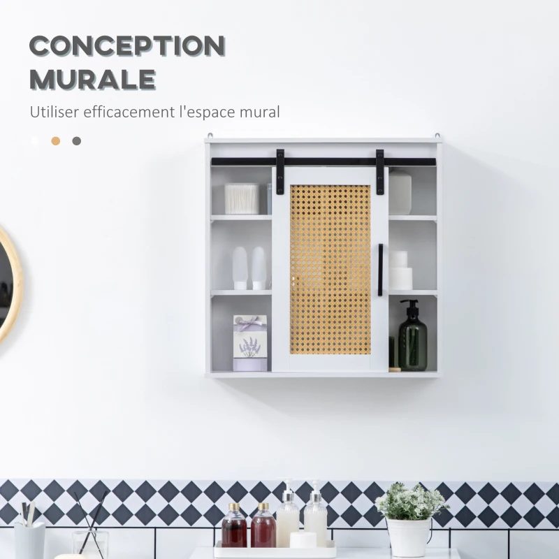 kleankin Meuble de rangement salle de bain porte coulissante à galandage façade aspect cannage PP 4 étagères réglables
