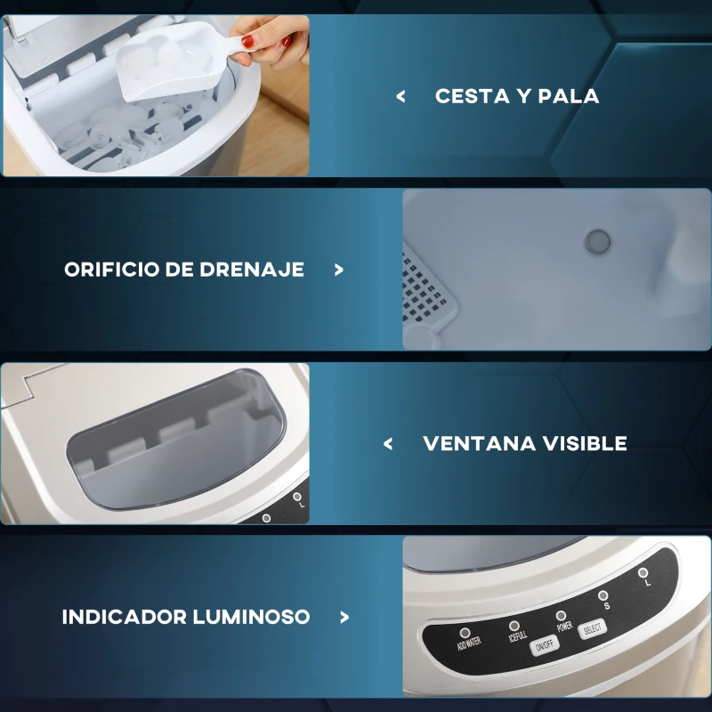 HOMCOM Máquina para Hacer Hielo 9 Cubitos de Hielo en 6-13 Minutos 12 kg en 24h con 2 Tamaños de Cubitos 24,2x34x32,8 cm Plata