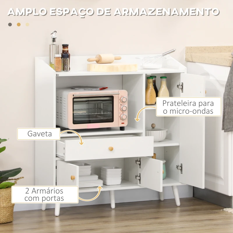 HOMCOM Armário de Cozinha para Micro-ondas Armário Baixa de Cozinha com 3 Portas Gaveta e Compartimentos 90x30x94 cm Branco