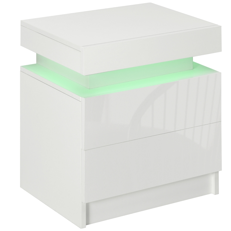 White Bedside Table with LED Light, High Gloss Front Nightstand