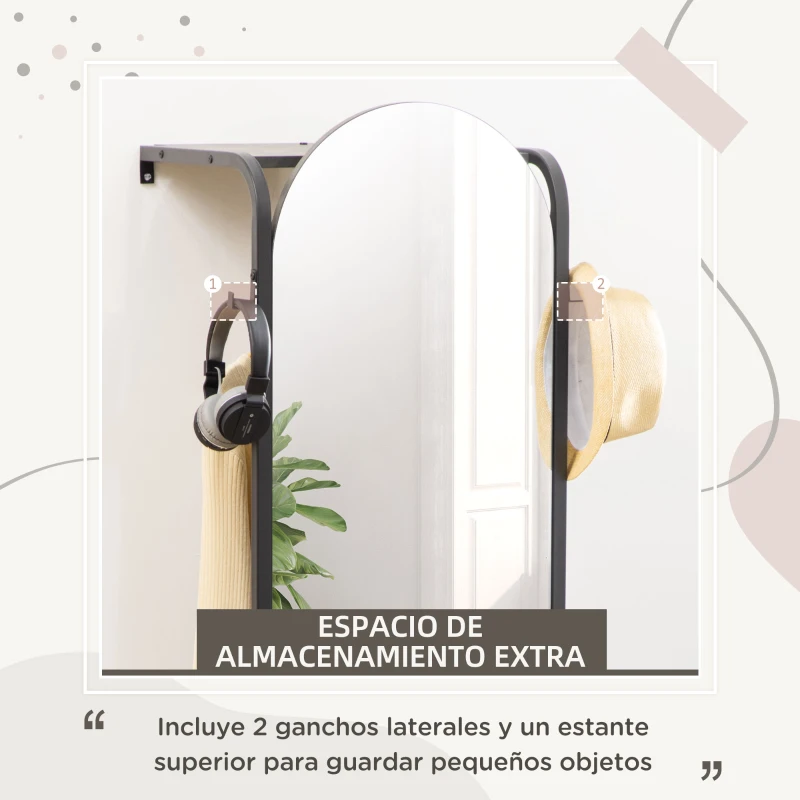 HOMCOM Perchero de Pared con Zapatero y Espejo Mueble de Recibidor con Barra para Colgar y 2 Ganchos 44x40x176 cm Negro